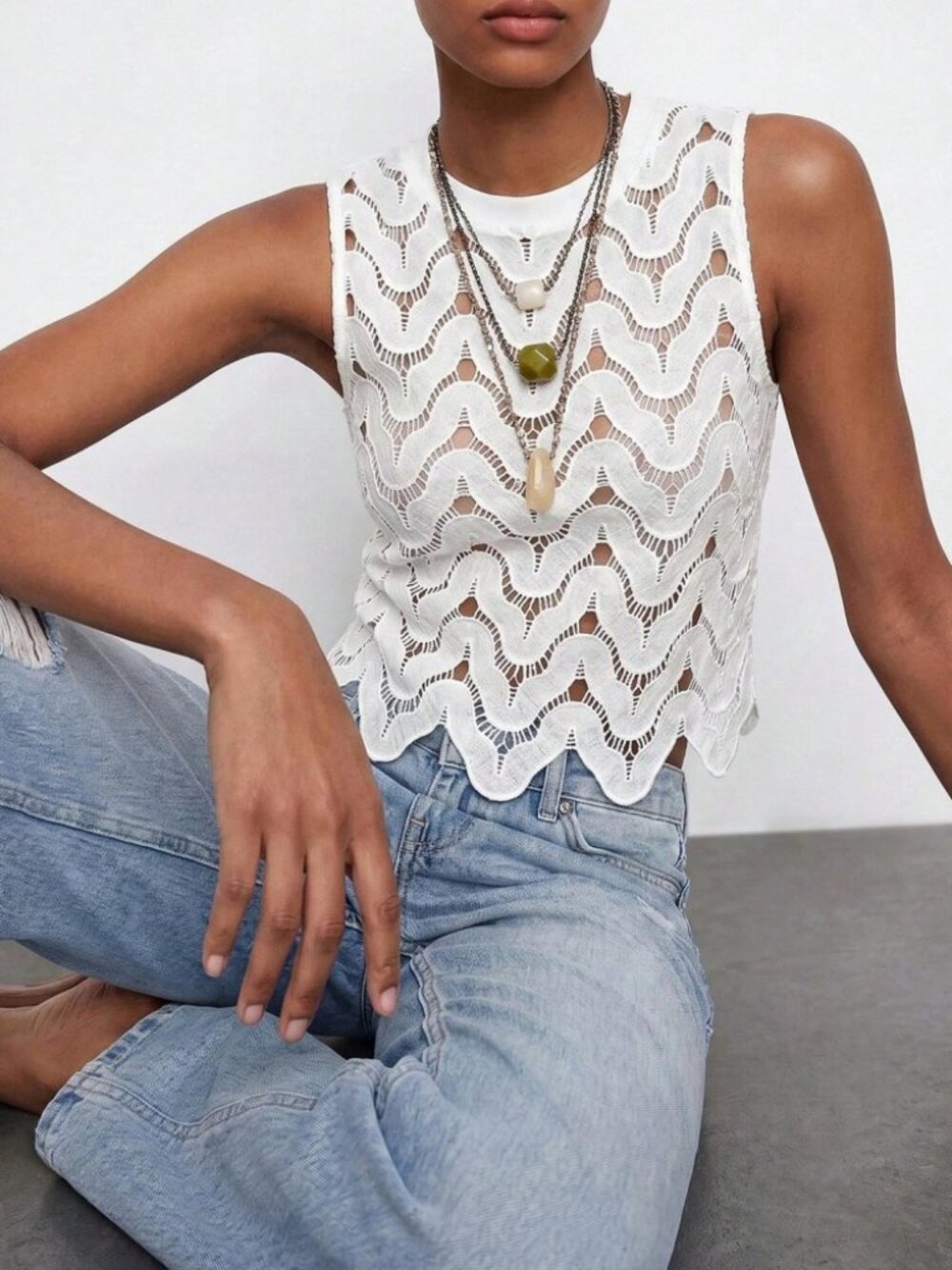 White Lace Tank Top with Scalloped Hem